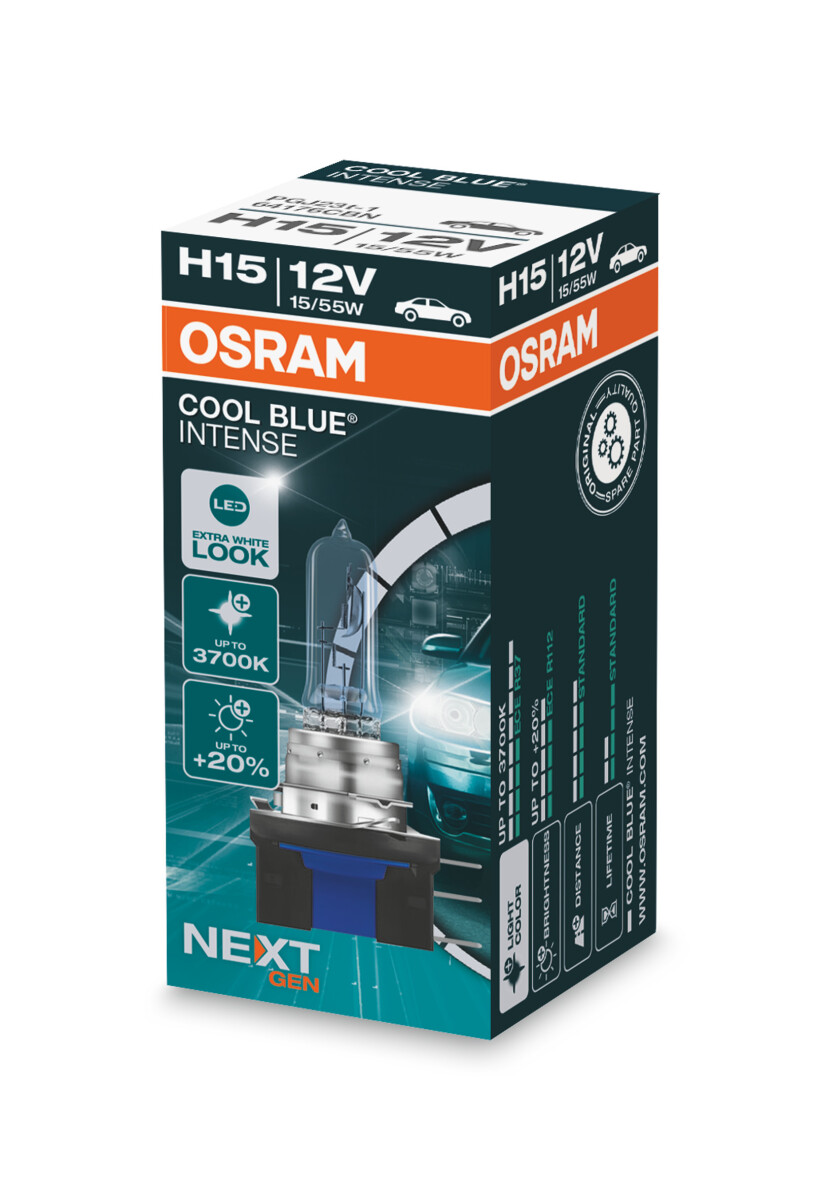 Osram COOL BLUE INTENSE H15 NextGen. 3700K +100%, Halogen 12V, 1er Faltschachtel - 64176CBN