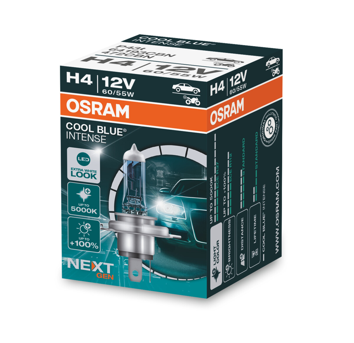 Osram COOL BLUE INTENSE H4 NextGen. 5000K +100%, Halogen 12V, 1er Faltschachtel - 64193CBN