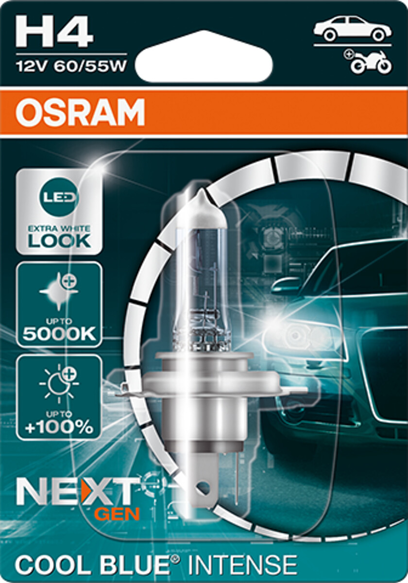 Osram COOL BLUE INTENSE H4 NextGen. 5000K +100%, Halogen 12V, 1er Blister - 64193CBN-01B