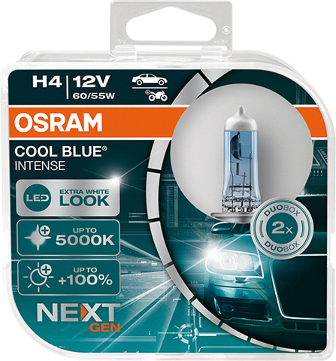Osram COOL BLUE INTENSE H4 NextGen. 5000K +100%, Halogen 12V, DUOBOX - 64193CBN-01B