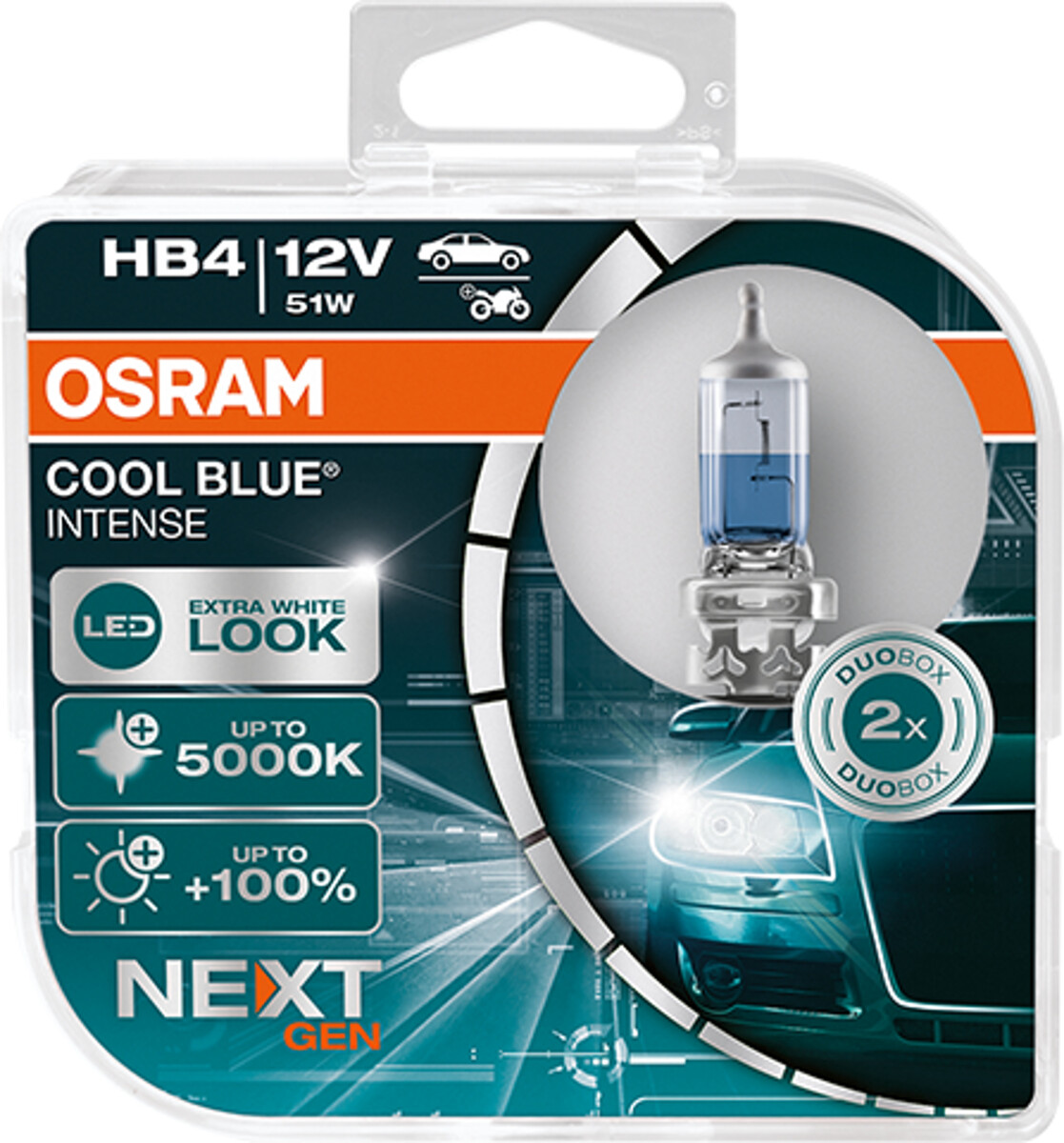 Osram COOL BLUE INTENSE HB4 NextGeneration 5000K +100%, Halogen 12V, DUOBOX - 9006CBN-HCB