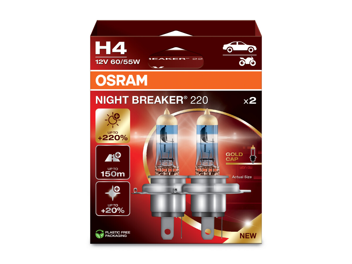OSRAM 64193NB220-2HB - H4 12V 60/55W P43t NIGHT BREAKER 220 +220% 2 Stk.
