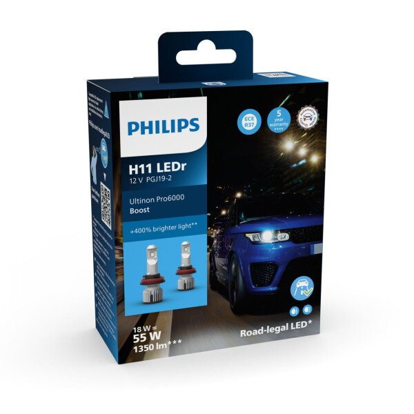 PHILIPS 11362U60BX2 - H11 12V 18W Ultinon Pro6000 Boost 5800K +400% mit Strassenzulassung 2St.
